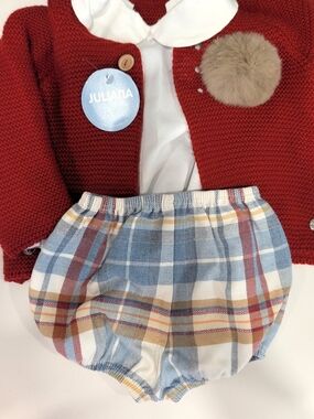 Kids Red Knit Cardigan with Fur Pom and Plaid Bloomers Juliana 6m